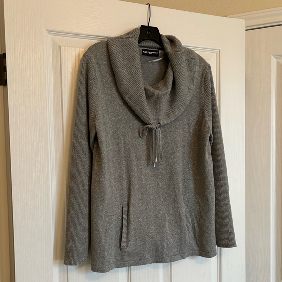 KARL LAGERFELD Sparkly Gray Cowl Turtleneck Sweater with Drawstrings and Pockets - Picture 4 of 8